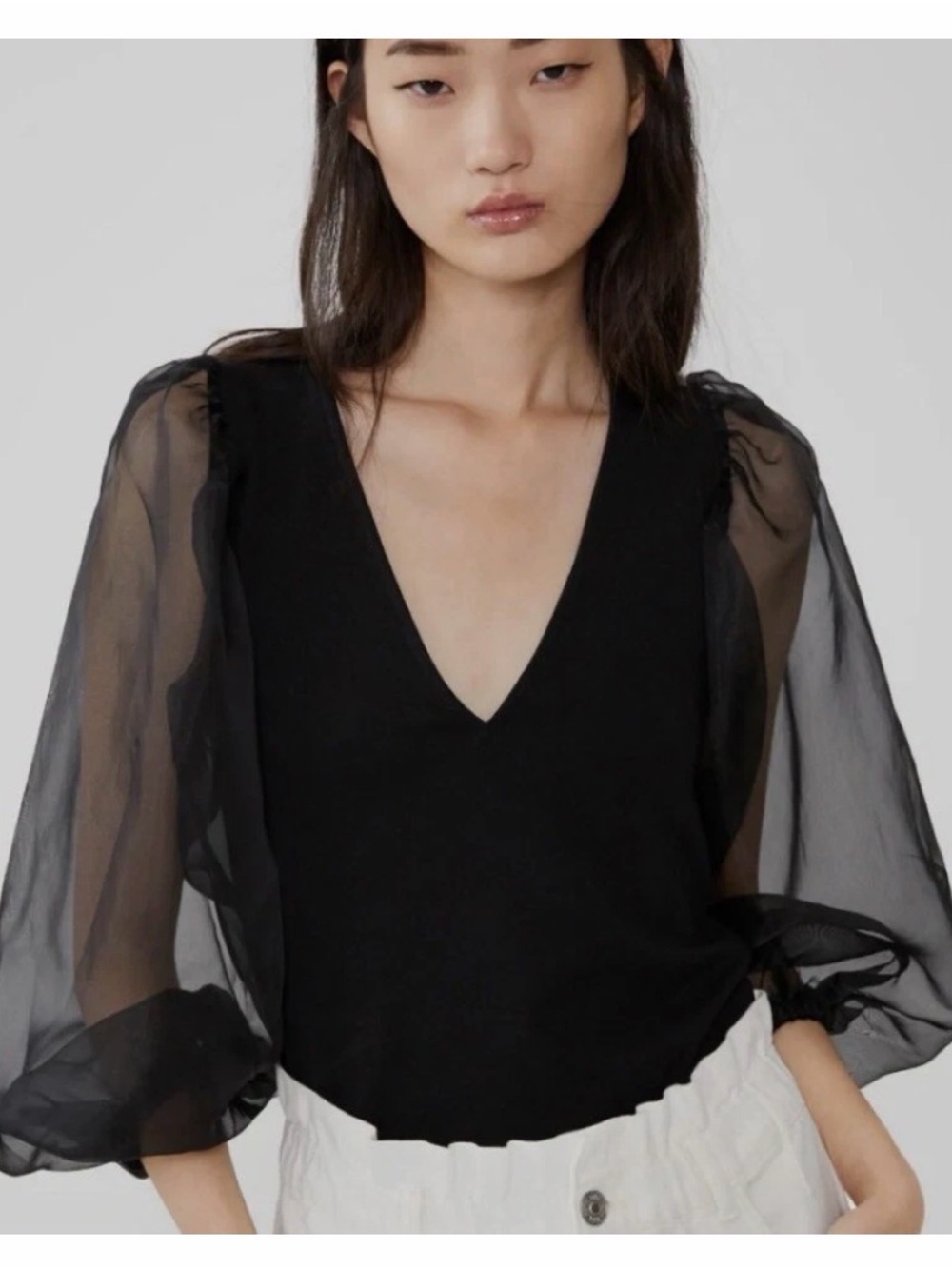NWT Soldout Zara Sheer Puff-Sleeve V-Neck Women’s Top in Black